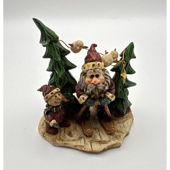 Santa Claus Skiing Christmas Figurine Snowman in Pine Trees Rustic - Picture 8 of 8